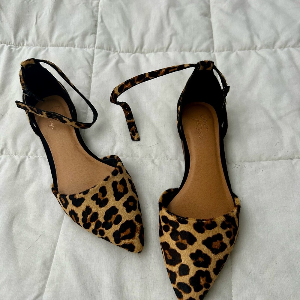 Leopard Print Pointed-Toe Ankle Strap Flats - Women